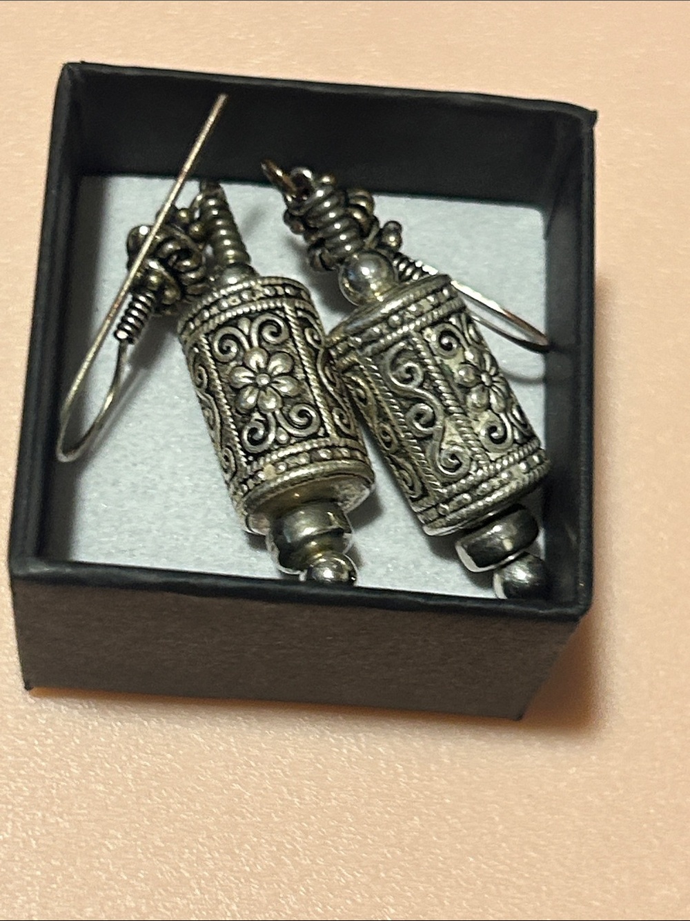 Source Unknown Silver-Tone Floral Filigree Cylinder Drop Earrings